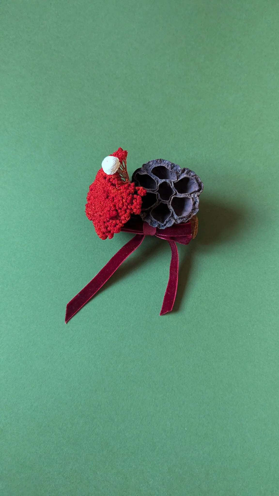 Natural Christmas baubles with dried hydrangea, lotus pods and red yarrow with velvet ribbon handmade in London - image 2