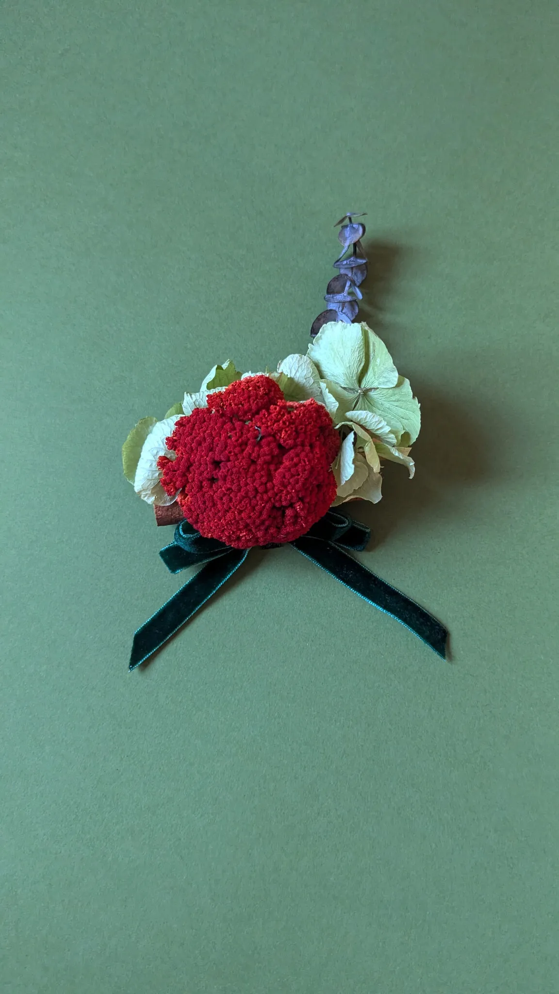 Natural Christmas baubles with dried hydrangea, lotus pods and red yarrow with velvet ribbon handmade in London - image 3