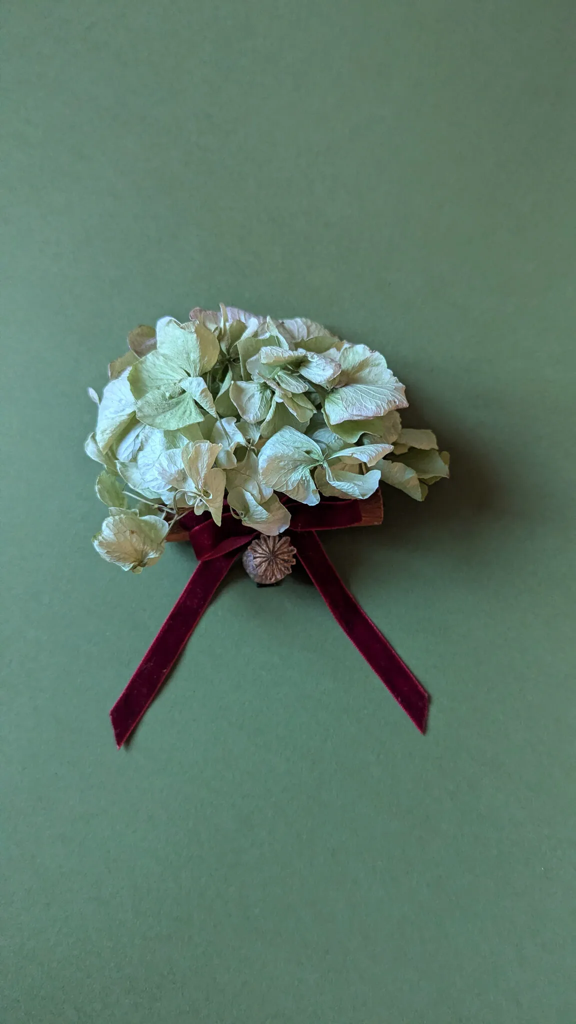 Natural Christmas baubles with dried hydrangea, lotus pods and red yarrow with velvet ribbon handmade in London - image 4