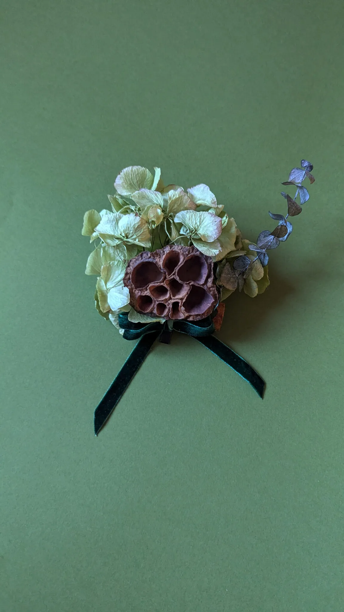 Natural Christmas baubles with dried hydrangea, lotus pods and red yarrow with velvet ribbon handmade in London - image 5