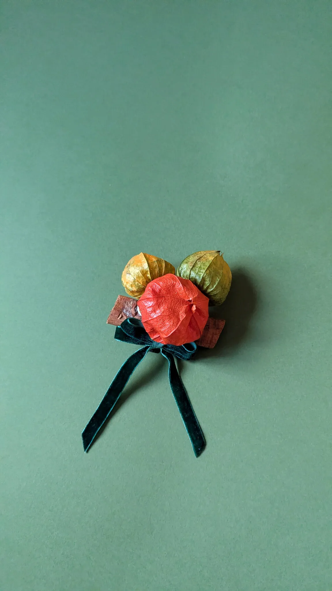 Natural Christmas baubles with physalis lanterns, lotus pods and velvet ribbon in warm rustic tones handmade in London - image 4