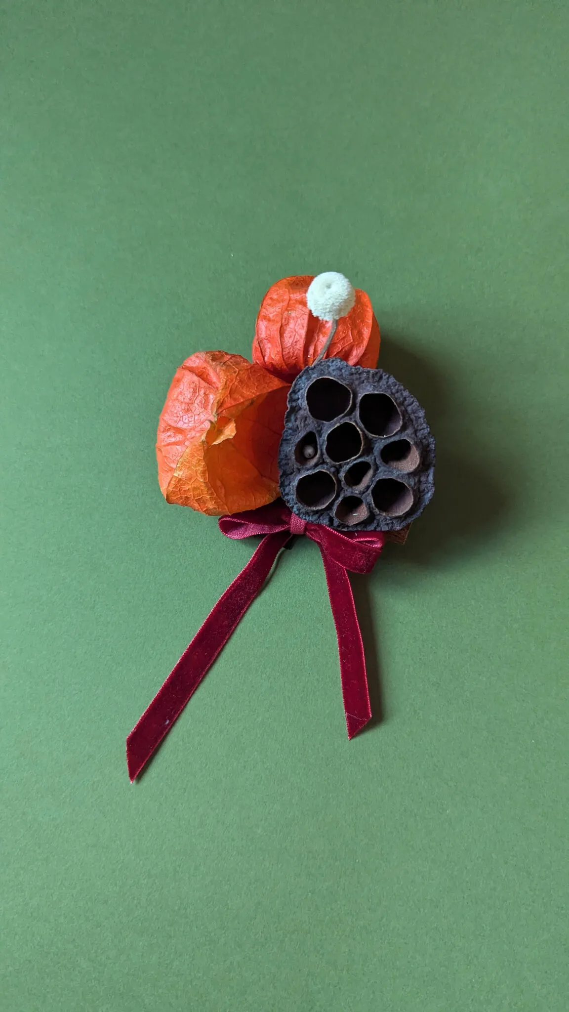 Natural Christmas baubles with physalis lanterns, lotus pods and velvet ribbon in warm rustic tones handmade in London - image 5