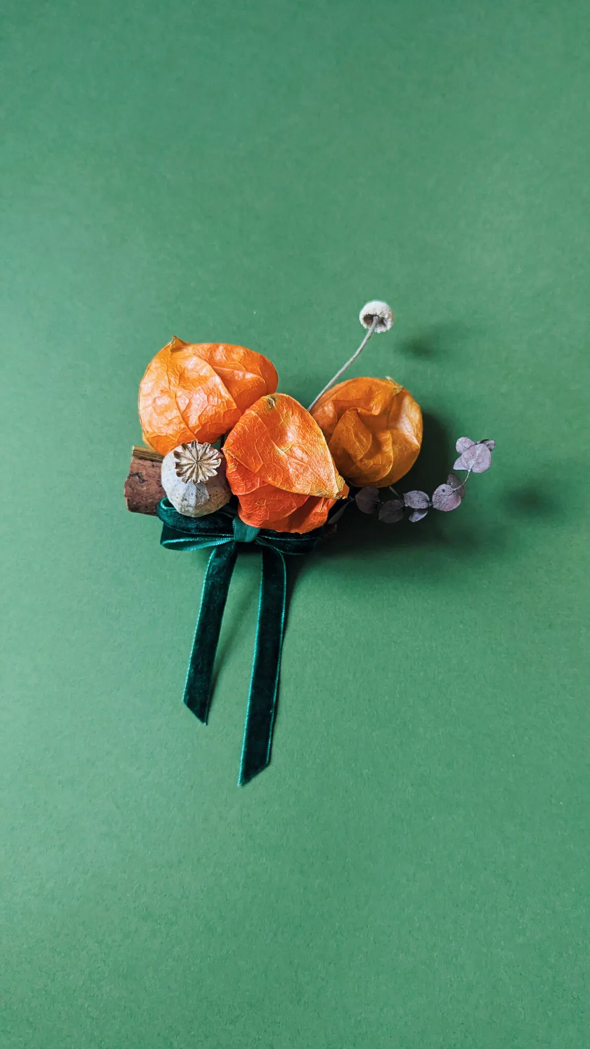 Natural Christmas baubles with physalis lanterns, lotus pods and velvet ribbon in warm rustic tones handmade in London - image 6