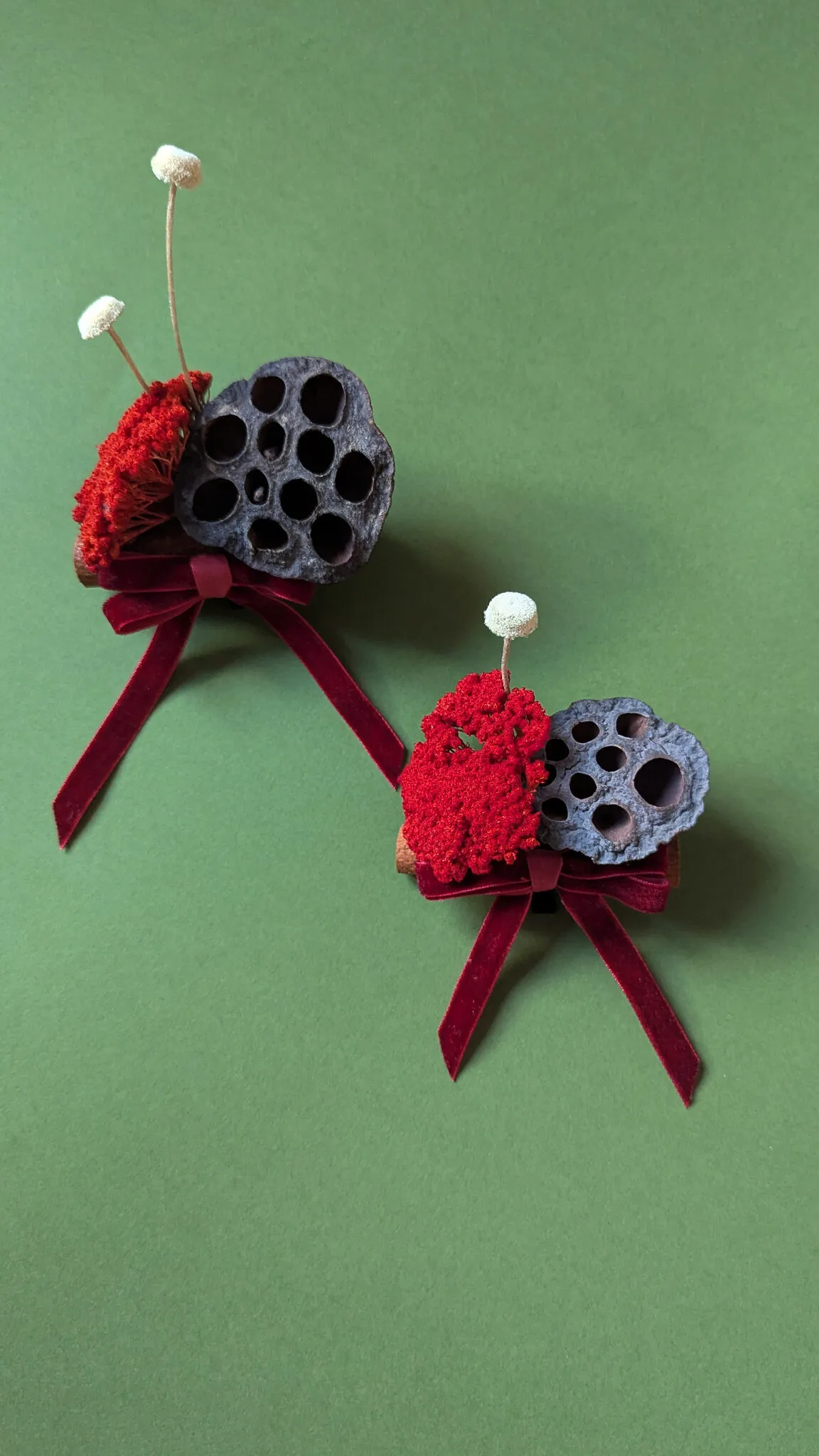 Natural lotus pod Christmas baubles with dried seed heads and burgundy velvet ribbon handmade in London - image 2