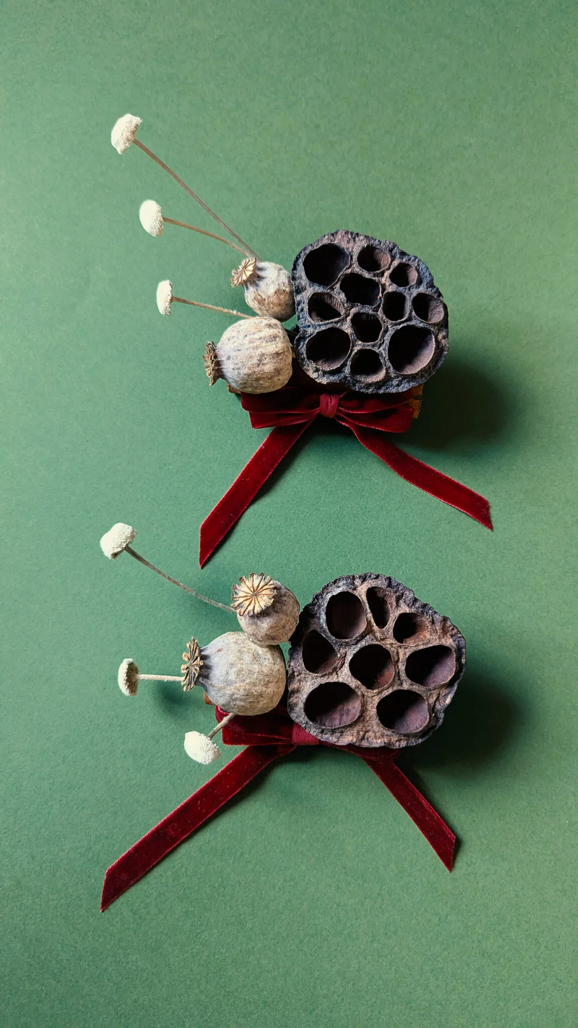 Natural lotus pod Christmas baubles with dried seed heads and burgundy velvet ribbon handmade in London - image 4