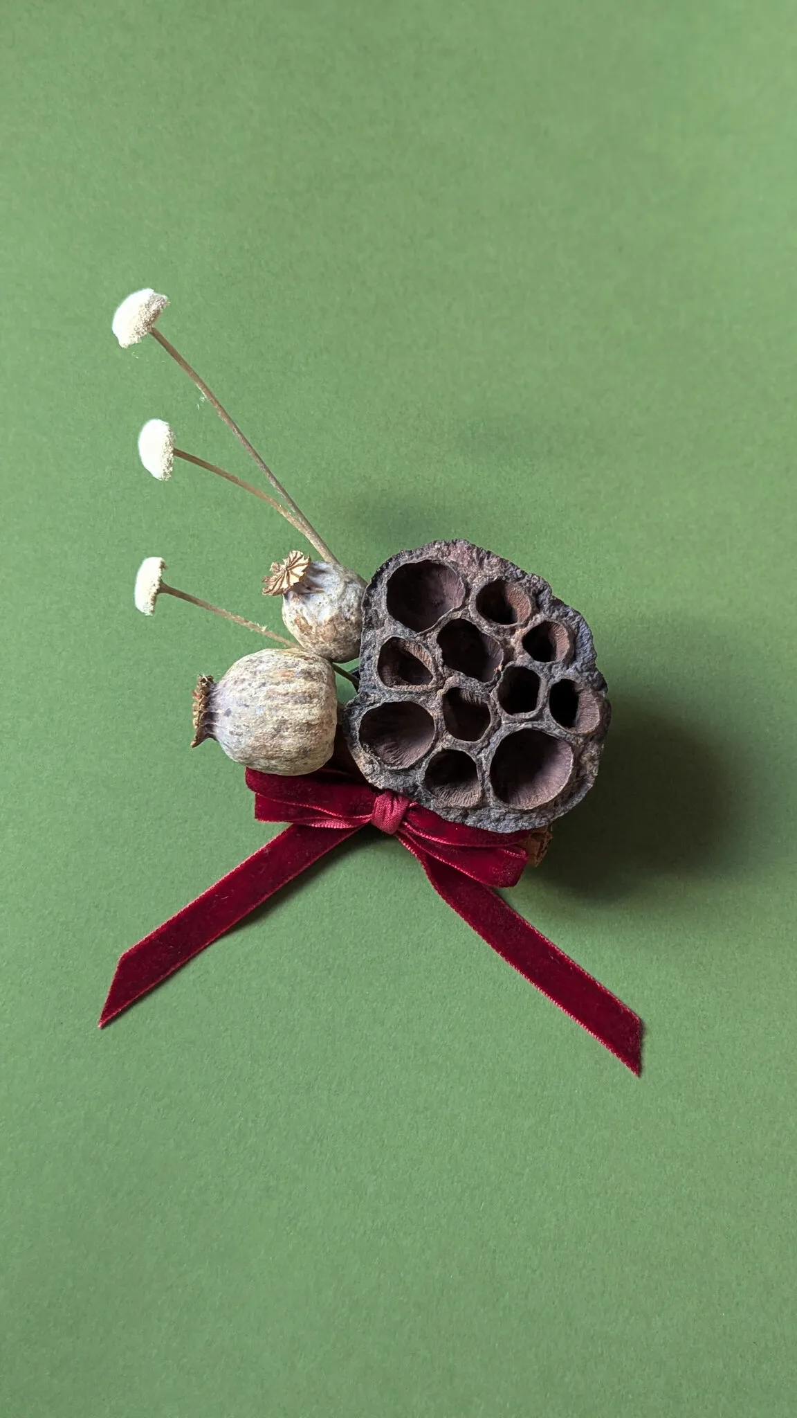 Natural lotus pod Christmas baubles with dried seed heads and burgundy velvet ribbon handmade in London - image 5