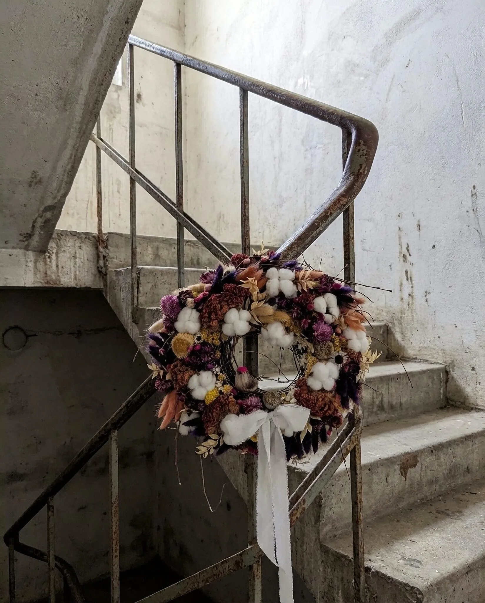Natural Christmas wreath with cotton flowers and dried florals in rich winter colours handmade in London - image 3