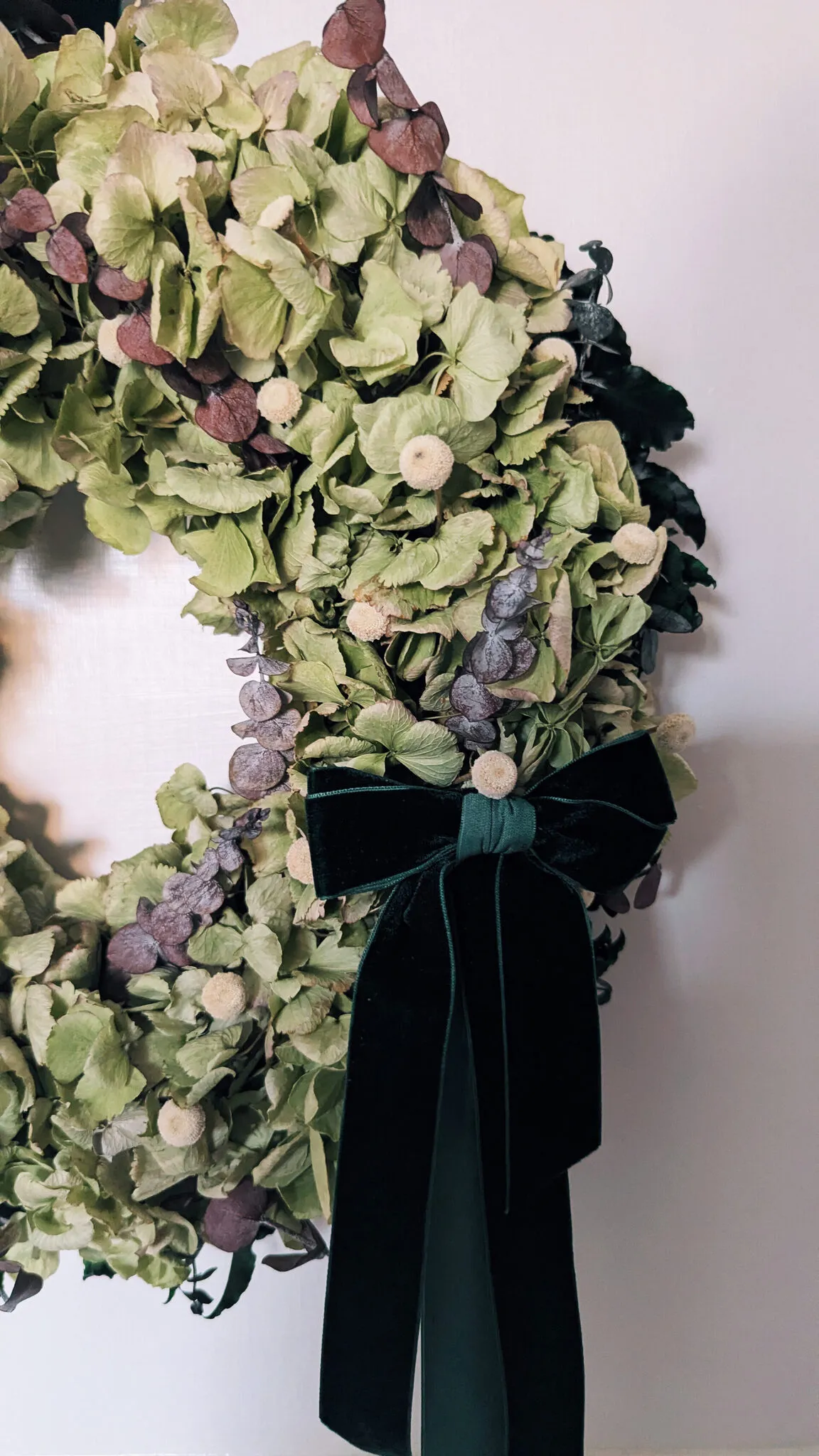 Natural green hydrangea Christmas wreath with eucalyptus and velvet bow handmade in London - image 3